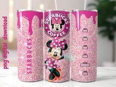 three minnie mouse coffee cups with pink sprinkles