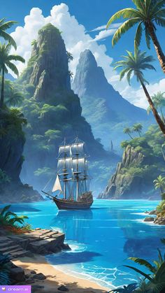 a painting of a pirate ship in the ocean with mountains and palm trees behind it