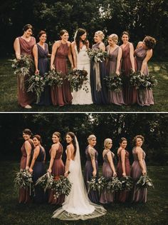 the bride and her bridesmaids are all dressed up in different styles of dresses