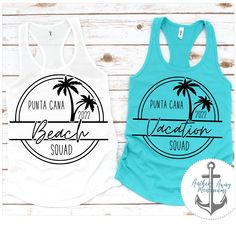 two tank tops with the words beach squad and an anchor