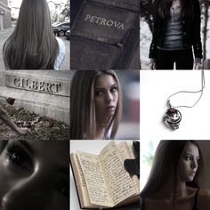 a collage of photos with women, books and necklaces on them in black and white