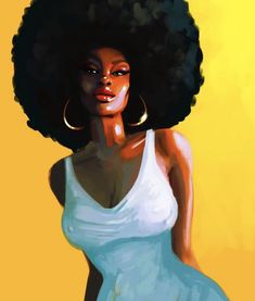 a painting of a woman with an afro in a white dress and large hoop earrings