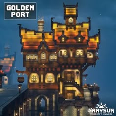 the golden port is lit up at night in this screenshot from gravity city builder