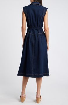 A defining tie cinches the waist of this dark-wash denim midi that layers stylishly from work to weekend. 47" length (size Medium) Front button closure Notched collar Sleeveless Removable tie belt Unlined 91% cotton, 8% viscose, 1% spandex Dry clean or hand wash, dry flat Imported Chic Sleeveless Belted Denim Dress, Chic Belted Sleeveless Denim Dress, Casual Sleeveless Belted Denim Dress, Casual Sleeveless Dark Wash Midi Dress, Sleeveless Dark Wash Workwear Dress, Sleeveless Dark Wash Dress For Work, Dark Wash Sleeveless Dress For Work, Indigo Denim Dress For Work, Chic Dark Wash Sleeveless Midi Dress