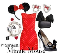 minnie mouse inspired outfit with red polka dot dress and black shoes for disney bound fashion