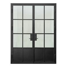 an open double door with black frame and glass panels on the front side, against a white background