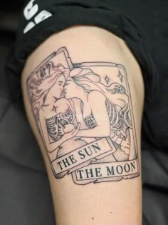 a woman with a tattoo on her arm that reads, the sun is the moon