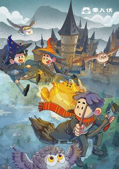 cartoon characters flying in the air with an owl and witch on their back, surrounded by hogwart's castle