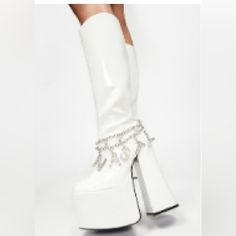 Make It Nasty Platform Boots Size 7 Color White Brand New The Nasty Charm On Boot Has Been Taken Off Glamorous White Boots For Spring, Glamorous White Spring Boots, Elegant White Platform Boots For Party, Elegant White Party Platform Boots, Knee High Leather Boots, White Brand, Platform Boots, Leather Boots, Knee High