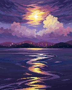 the moon is shining brightly in the night sky over water with clouds and mountains behind it