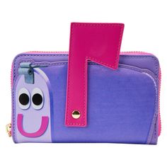 a purple and pink purse with a cartoon character on the front, one eye open