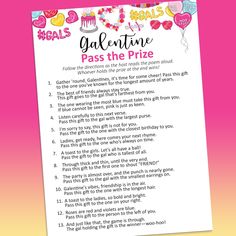 a valentine's day game for girls with the words, goaltime pass the prize