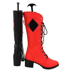 a pair of red and black boots with laces