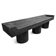 Modern black finish solid acacia wood bench with three round thick pillar legs. Beautiful natural textured wood grain. Seat height is 18". Yakisugi Furniture, Wood Bench Design, Brutalist Furniture, Raw Furniture, Foyer Bench, Bench Height, Industrial Bench, African Furniture, Modern Lodge