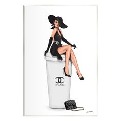 a painting of a woman sitting on top of a chanel trash can with her legs crossed