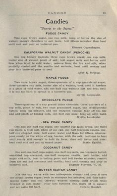 an old recipe for candies is shown in black and white