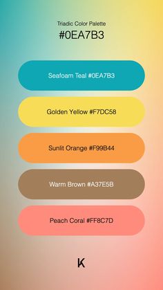 Triadic Color Palette Seafoam Teal #0EA7B3 · Golden Yellow #F7DC58 · Sunlit Orange #F99B44 · Warm Brown #A37E5B · Peach Coral #FF8C7D Colour Pallets, Warm Brown, Color Pallets, Sea Foam, Color Schemes