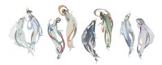 four different colored feathers hanging from hooks on a white wall with watercolor paint and ink