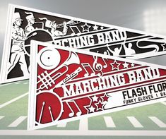 two stickers that say marching band and flash flores on the side of a football field