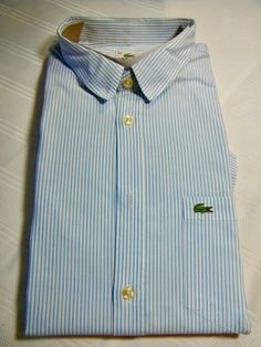 Vintage pinstriped Lacoste dress shirt, European size 44, mint condition, no wear or tears. Designed in France & made in France,RN87851-CA16998 Casual Pinstripe Shirt With Spread Collar, Casual Pinstripe Dress Shirt With Striped Collar, Casual Dress Shirt With Striped Spread Collar, Casual Pinstripe Long Sleeve Dress Shirt, Casual Striped Tops For Business, Casual Long Sleeve Dress Shirt With Striped Collar, Casual Striped Dress Shirt For Business Casual, Casual Pinstripe Fitted Dress Shirt, Casual Fitted Pinstripe Dress Shirt