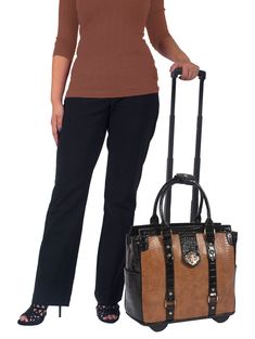 Elegant brown faux python and alligator rolling iPad, tablet or laptop holdall tote bag. The perfect carryall holdall for work, school or travel. - Rich carmel brown faux python and black patent style faux alligator exterior. - Gold tone hardware plus a lovely center pendant. - Removable padded pocket fits your iPad, tablet, 12", 13", 14", 15.6" or 17" inch laptop. - Backside zipper pocket. Two convenient side pockets. Secure zipper top closure.- Fully lined interior with a large zipper wall poc Computer Bags For Women, Rolling Laptop Bag, Rolling Briefcase, Rolling Tote Bag, Rolling Tote, Rolling Bag, Holdall Bag, Handbag Stores, Laptop Bag For Women