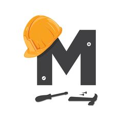 the letter m is made up of construction tools and a hard hat on top of it