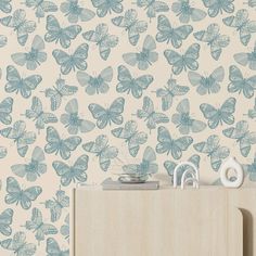 Whimsical Butterfly Wallpaper - Soft Blue Vintage Wallpaper Blue Vintage Wallpaper, Wallpapered Entryway, Playroom Wallpaper, Whimsical Butterfly, Geometric Pattern Wallpaper, Coastal Wallpaper, Laundry Room Wallpaper, Plaid Wallpaper, Dining Room Wallpaper