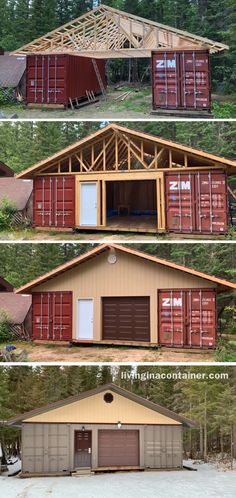 three pictures showing different types of garages in the process of being built and installed