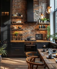 a kitchen with brick walls and wooden tables in front of the stove top oven, surrounded by potted plants