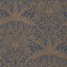 an intricately designed wallpaper with gold and black designs on dark brown background,