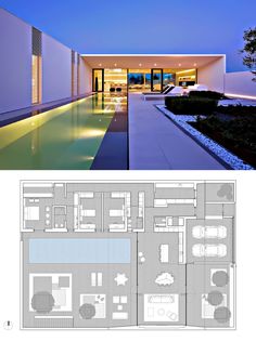 the floor plan for this modern house is very large and has an outdoor swimming pool