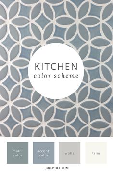 the kitchen color scheme is shown in shades of blue, gray and white with circles on it