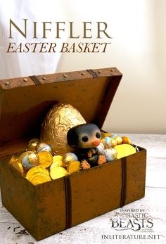 an old suitcase filled with easter eggs on top of a table