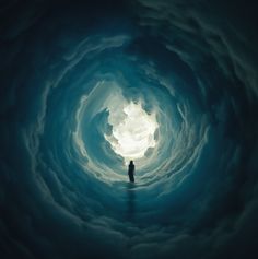 a person standing in the middle of a dark tunnel with clouds around them and light at the end