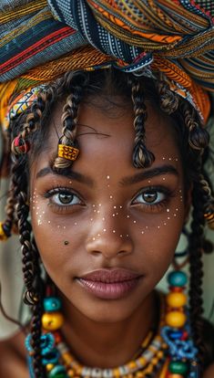 an african woman with painted face and headdress, wearing beads on her head