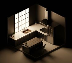 an overhead view of a kitchen and dining room in the dark with sunlight coming through the window