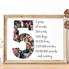 a wooden frame with a five year anniversary photo on it and the number 5 surrounded by photos