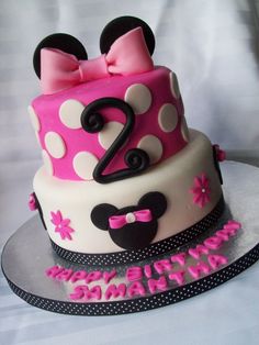 a minnie mouse birthday cake with pink and white frosting