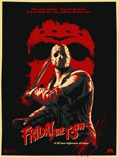 friday the 13th movie poster with an image of a man holding a knife and wearing a mask