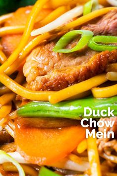 a close up of food on a plate with the words duck chow mein over it