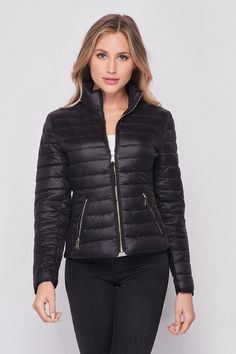 Our Cozy Black Puffer Jacket will keep you warm and stylish. This lightweight jacket features a zip up front, zip side pockets, and stretch material on the sides for added flexibility. Model is wearing a size Small. Blue Clay, Black Puffer Jacket, Style Steal, Love Jeans, Black Puffer, Best Jeans, Jacket Sale, Lightweight Jacket, Puffer Jacket