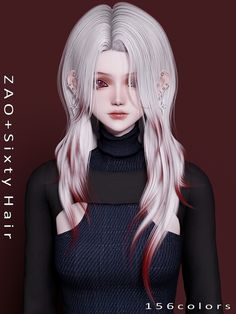 a woman with long white hair and red eyes wearing a black turtle - neck top