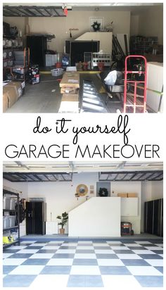 garage makeover with black and white checkered floor