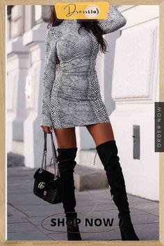 Snake Print Slim Mini Dress Chic Fitted Gray Dress, Chic Gray Fitted Dress, Chic Gray Dress For Date Night, Gray Winter Dresses For Night Out, Chic Gray Bodycon Dress For Party, Chic Gray Bodycon Party Dress, Chic Gray Mini Dress For Spring, Chic Gray Mini Dress For Winter, Chic Gray Bodycon Dress