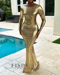 Fisdy - Elegante Vestido de Noche de Manga Larga con Acabado Metálico y Volante de Sirena Gold Elegant Dress, Womens Evening Gowns, Ruched Maxi Dress, Backless Bodycon Dresses, Dress Sleeve Styles, Party Dress Long Sleeve, Sleeve Bodycon Dress, Round Neck Dresses, Mermaid Evening Dresses