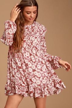 Dresses for Women | Best Women's Dresses Online Purple Flower Girl Dress, Ruffle Long Sleeve Dress, Red Floral Print, Feminine Dress, Mini Velvet Dress, Dress Mini, Red Mini Dress, Long Sleeve Mini, Floral Mini Dress