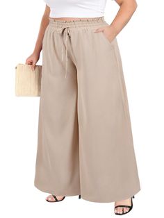 Wide Leg Pants Flowy Plus Size - Almond | Moon Wood Beige Wide Leg Summer Pants With Drawstring, Beige Drawstring Wide Leg Pants For Summer, Stretch Beige Bottoms With Drawstring, Flowy Wide-leg Pants For Day Out, Summer Wide Leg Stretch Pants With Drawstring, Chic Beige Bottoms With Drawstring, Flowy Wide-leg Pants For Vacation, Beige Stretch Pants With Drawstring, Beige Stretch Bottoms With Drawstring