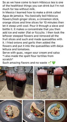 the recipe for mexican food is shown in several different pictures, including two drinks and one sandwich