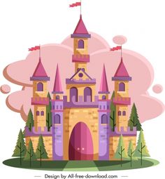 a cartoon castle with trees and clouds in the background