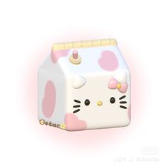 a hello kitty milk carton with pink hearts on it's side and the word hello kitty written in gold